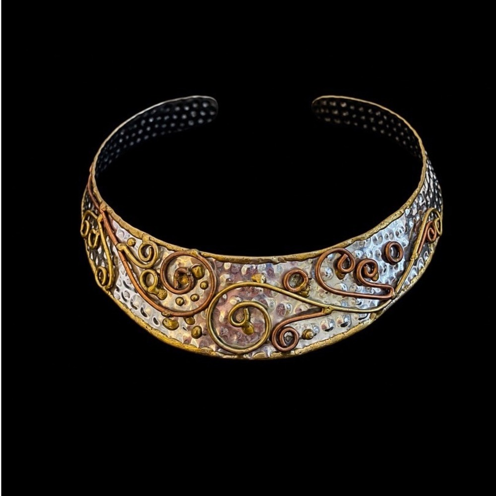 Handmade Mixed Metal Hammered Collar Necklace Copper Brass Silver Tone Artisan